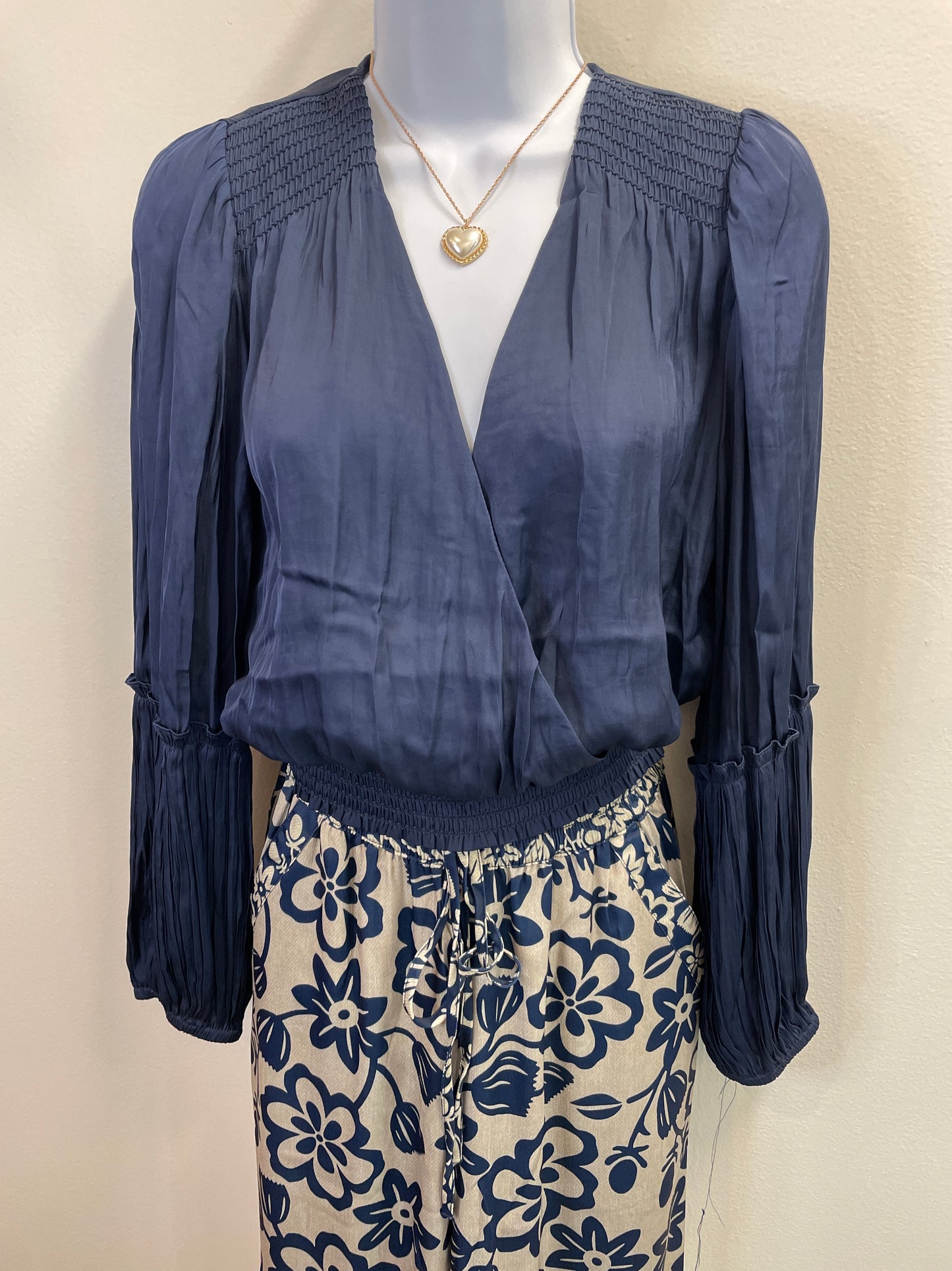 Long Sleeve Surplice Neck Blouse with Pleated and Smocked Details