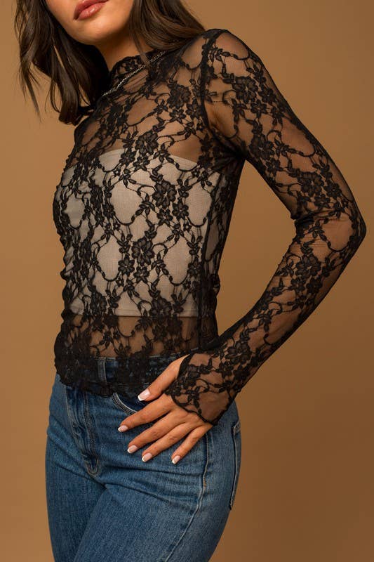 Long Sleeve Merrow Hem Floral Mesh Top