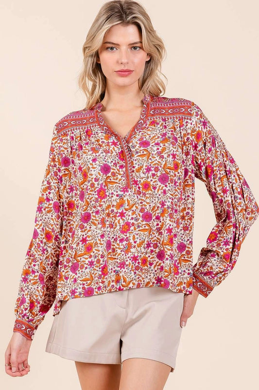 Floral Border Print Long Sleeve V-Neck Blouse