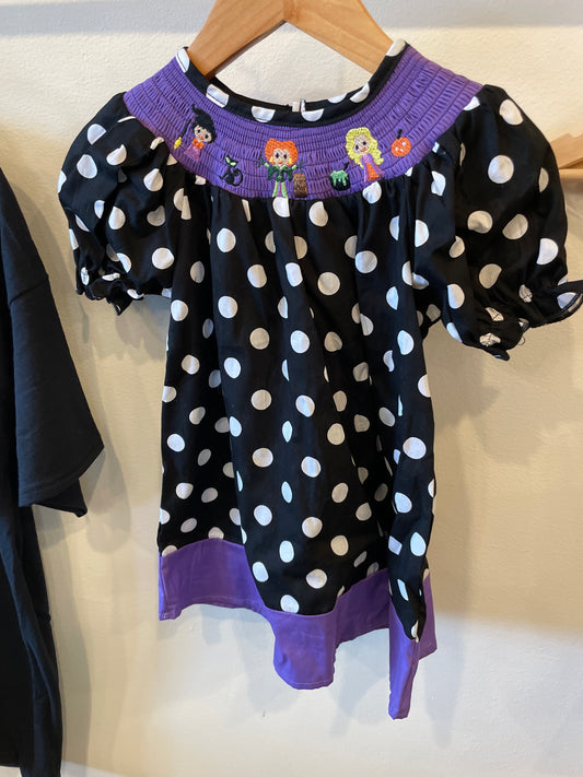 Hocus Pocus Black Dot Smocked Bishop Dress