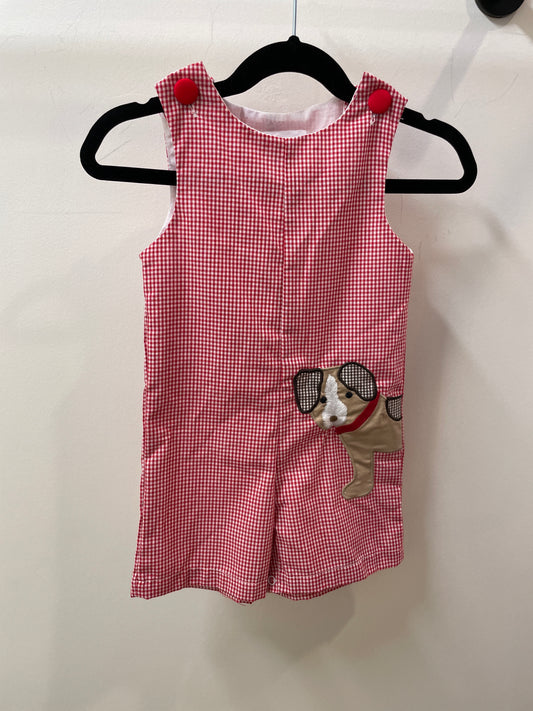 Red Gingham Puppy Applique Button Shoulder Short Overalls