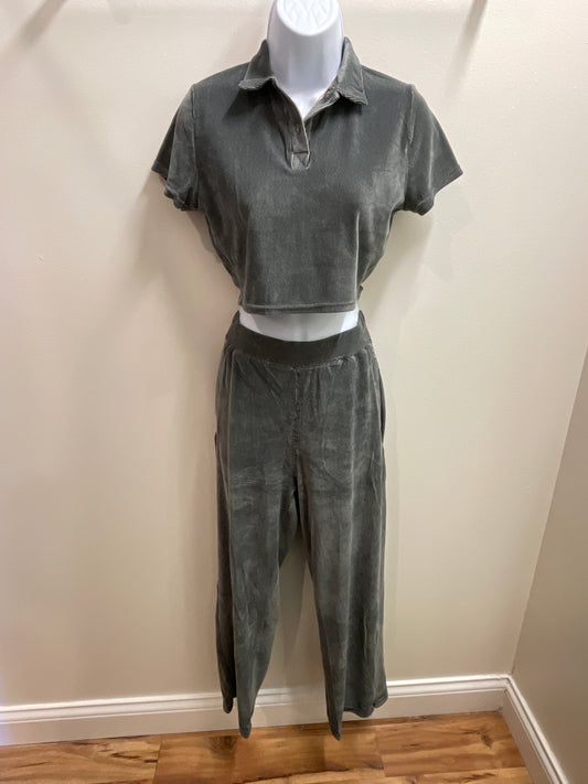 Velour Ribbed Crop Polo & High Waist Wide Leg Pant Set