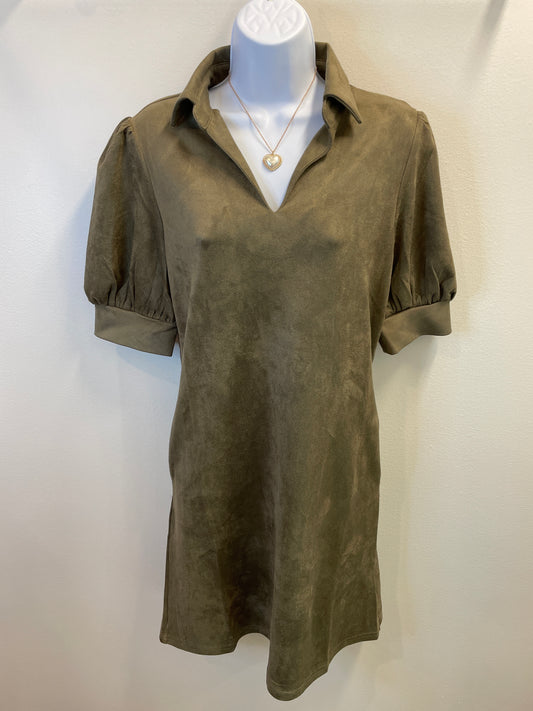 Faux Suede Bubble Sleeve Collared Dress