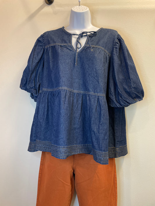 Denim Puff Sleeve Babydoll Top