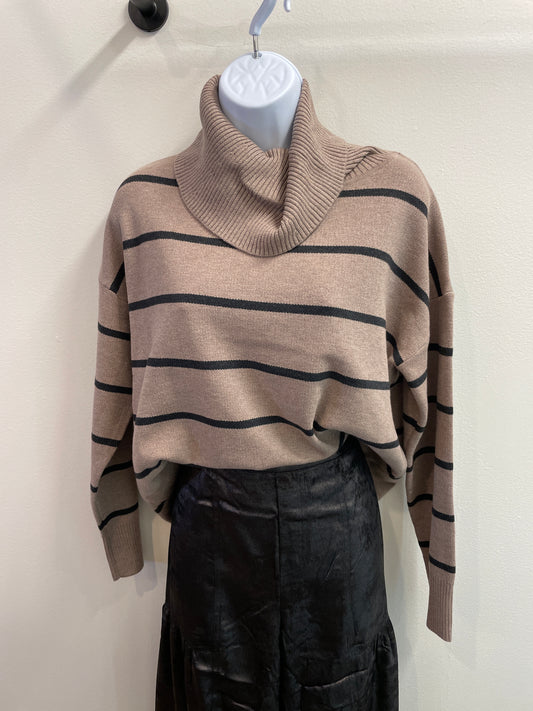 Striped Turtleneck Sweater with Slit Hemline