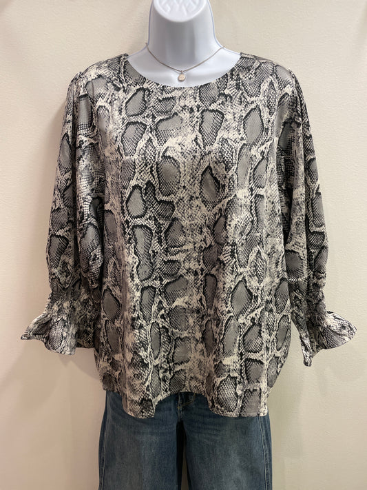 Snake Animal Print Smocked Sleeve Blouse Top