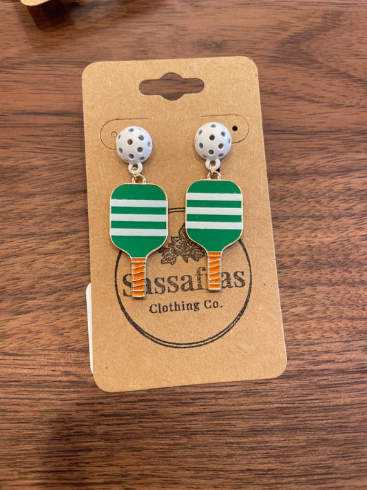 Stripe Pattern Pickleball & Ball Drop Earrings Golden Stella