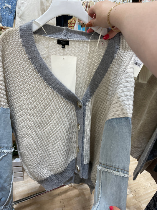 Knit Cardigan with Denim Sleeves