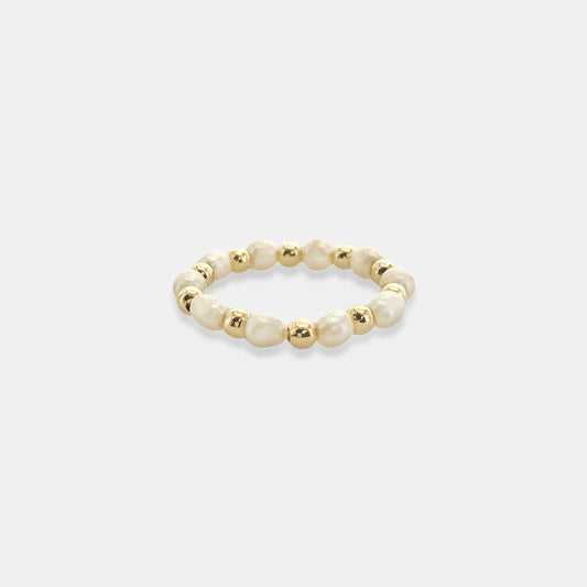 Stretchy Pearl and Gold Bead Ring