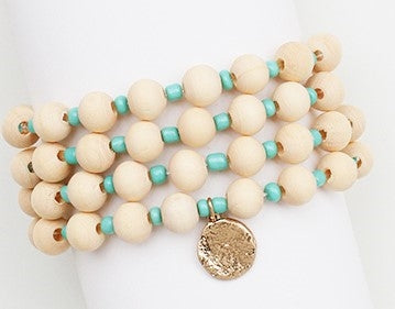 Wood Bead with Mint Seed Bead Set of 4 Bracelets