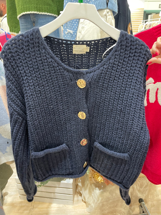 Rolled Hem Cardigan with Bold Button Details