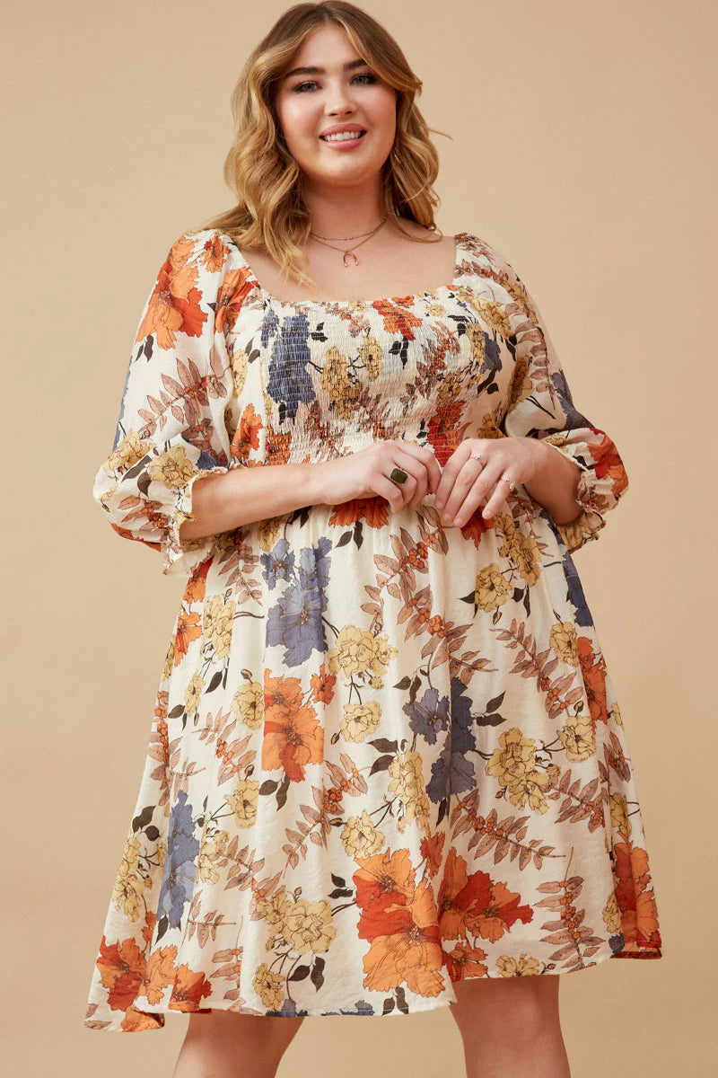 Textured Floral Smocked Square Neck Dress