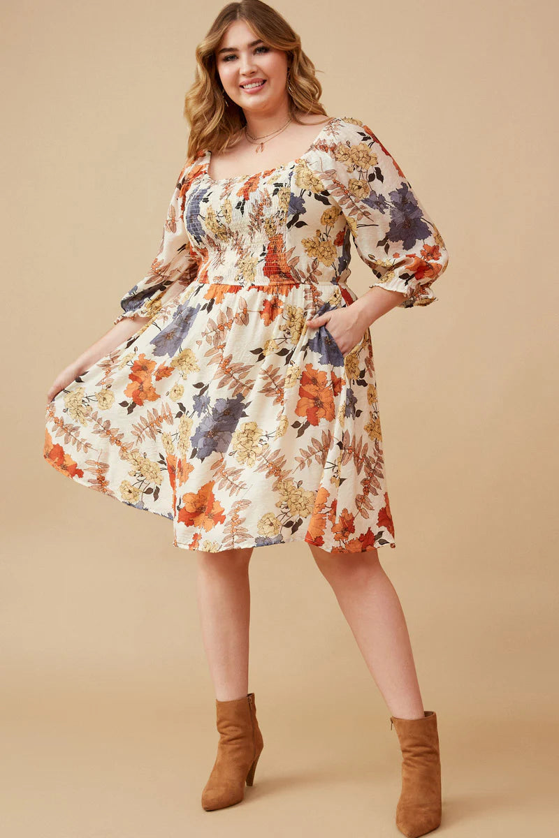 Textured Floral Smocked Square Neck Dress