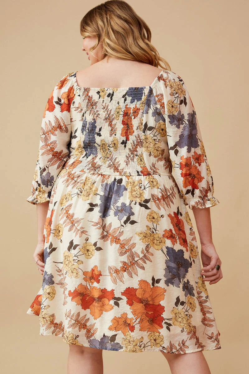 Textured Floral Smocked Square Neck Dress