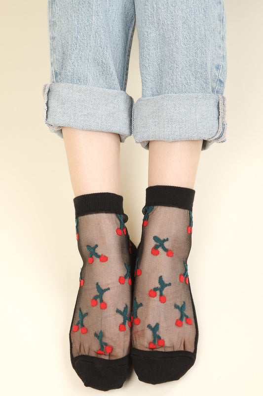 Cherry Embroidered Mesh Ankle Socks