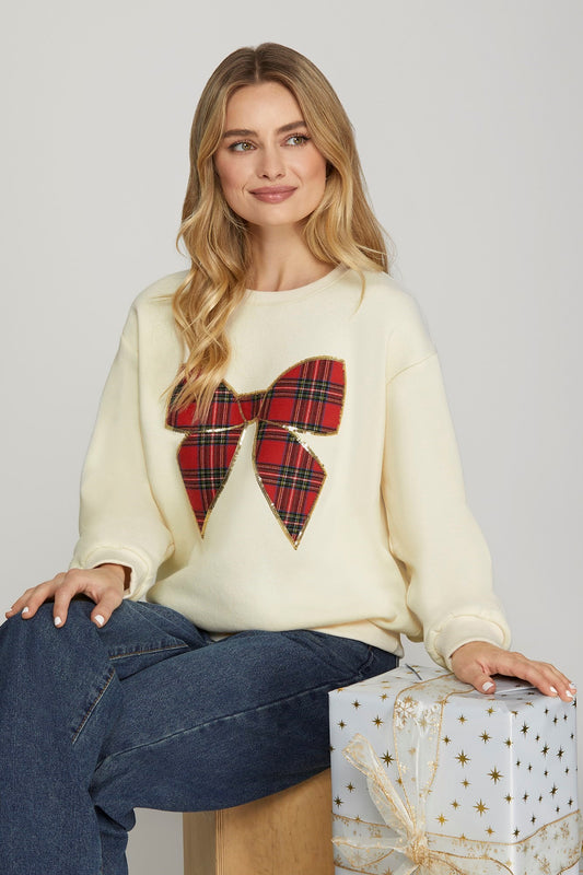 Long Sleeve Plaid Bow Knit Top