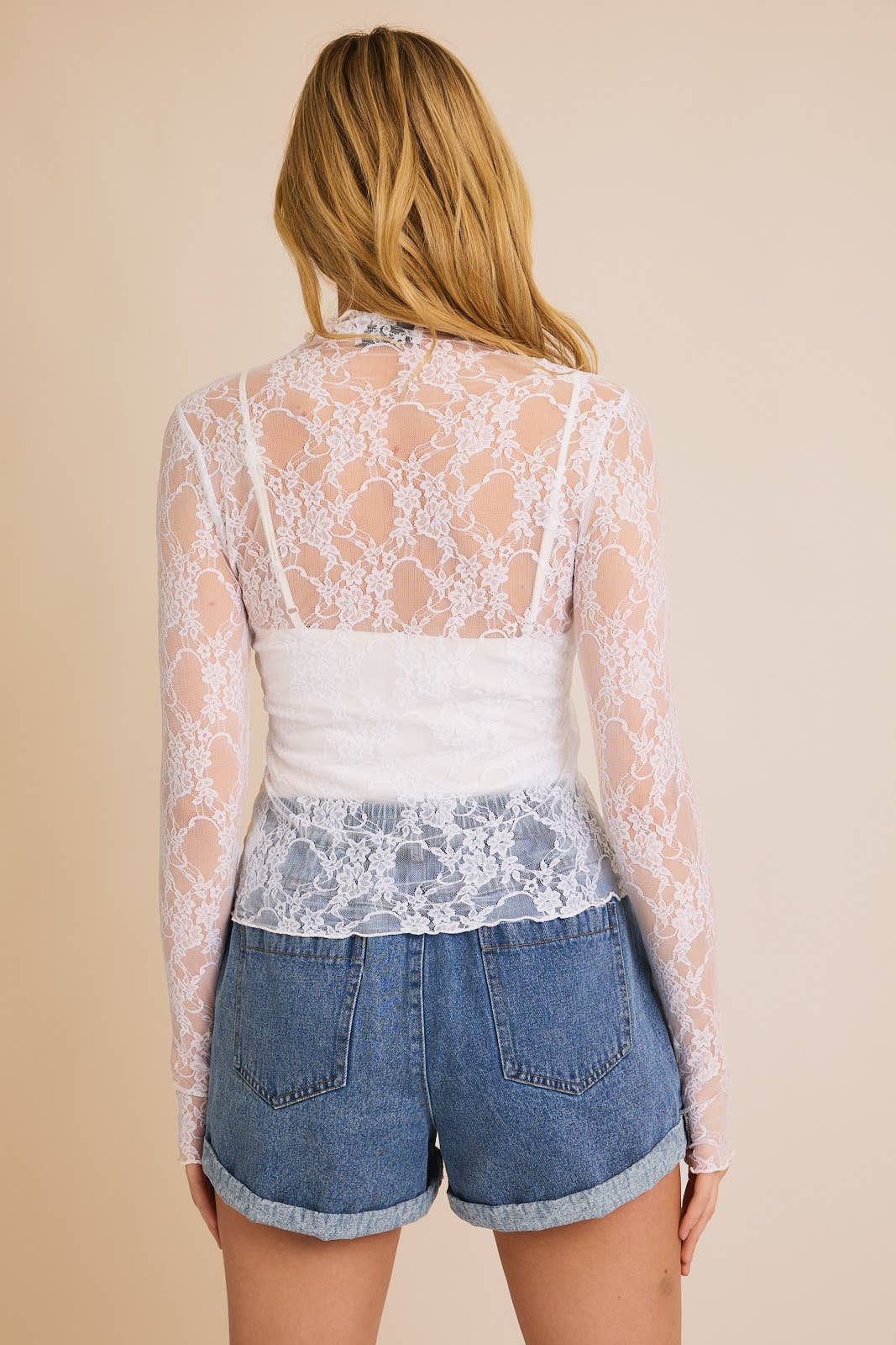 Long Sleeve Merrow Hem Floral Mesh Top