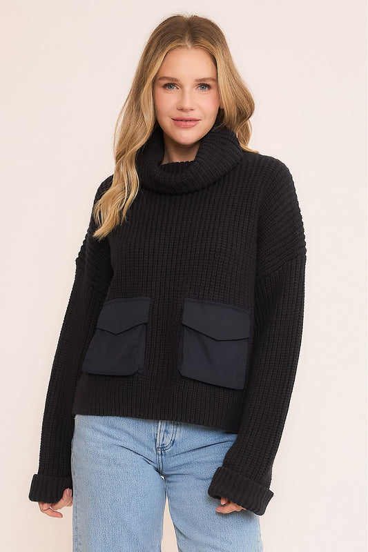 Heavy Knit Cowl Neck Boxy Sweater with Contrast Pocket